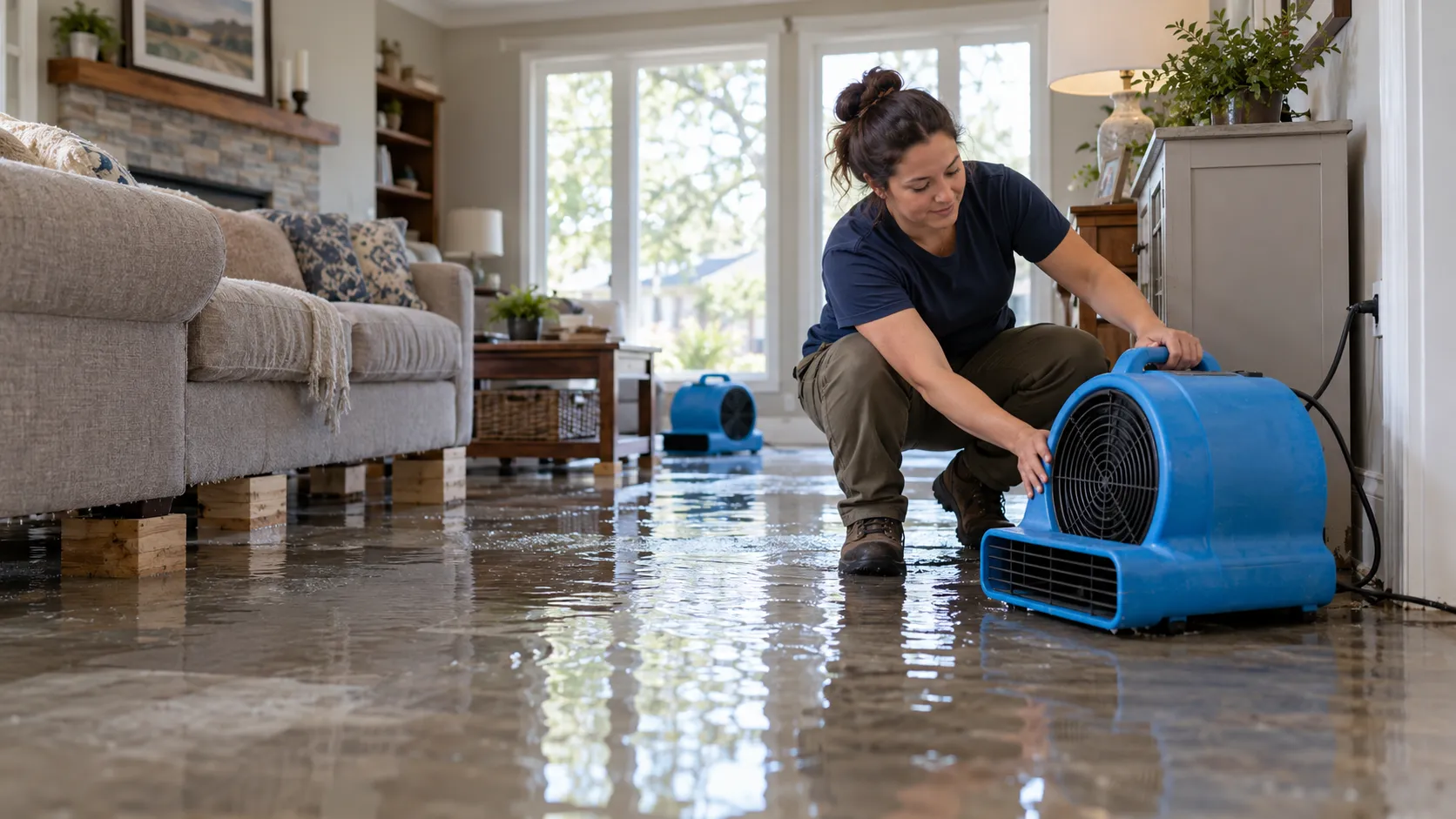 Water damage restoration technician drying a flooded living room in San Jose